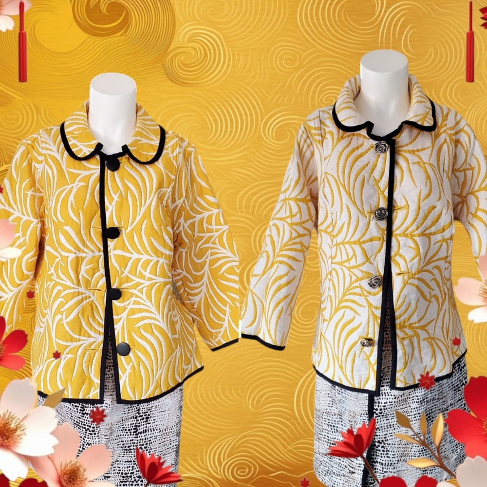 Trimdin Reversible 2-in-1 Quilted Yellow and White Patterned Jacket. Large.